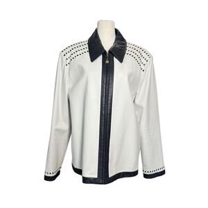 St John Sport Leather Jacket Women's XL White Navy Gold Zip Soft Leather Luxury